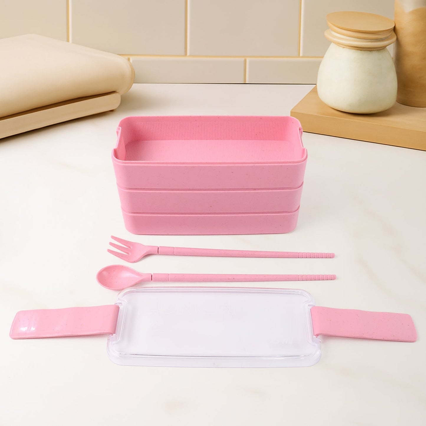Eco-Friendly 3-Layer Stackable Lunch Box Set with Cutlery Your Brand