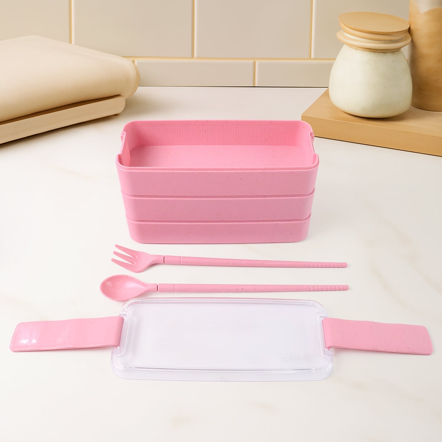Eco-Friendly 3-Layer Stackable Lunch Box Set with Cutlery Your Brand