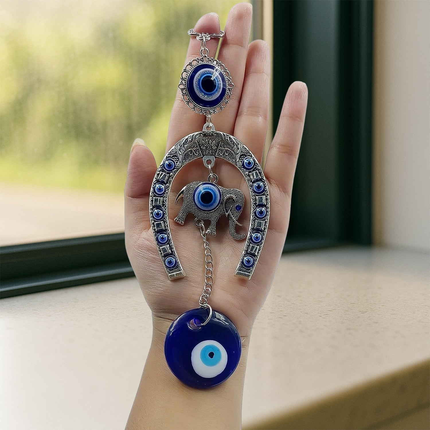 Decorative Evil Eye Hanging with Elephant and Horseshoe Motif,  Wind Chime (1 Pc) Your Brand