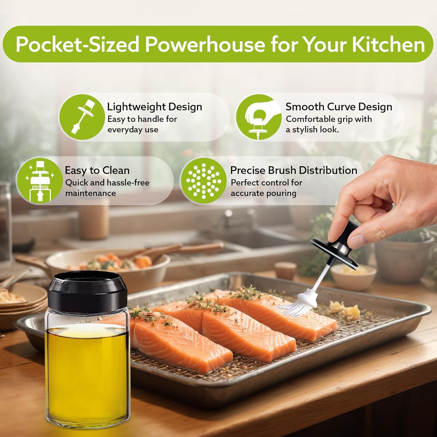 Clear Glass Oil Dispenser Bottle with Integrated Silicone Basting Brush (250ml Approx) Your Brand