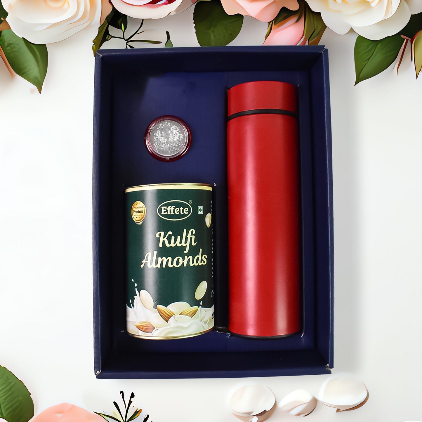 Personalized Temperature Water Bottle, Silver color Coin & Chocolate (With Attractive Peacock Box / 3 Pc Set) Your Brand