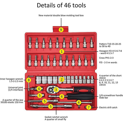 Socket 1 / 4 Inch Combination Repair Tool Kit (Red, 46 pcs) Your Brand