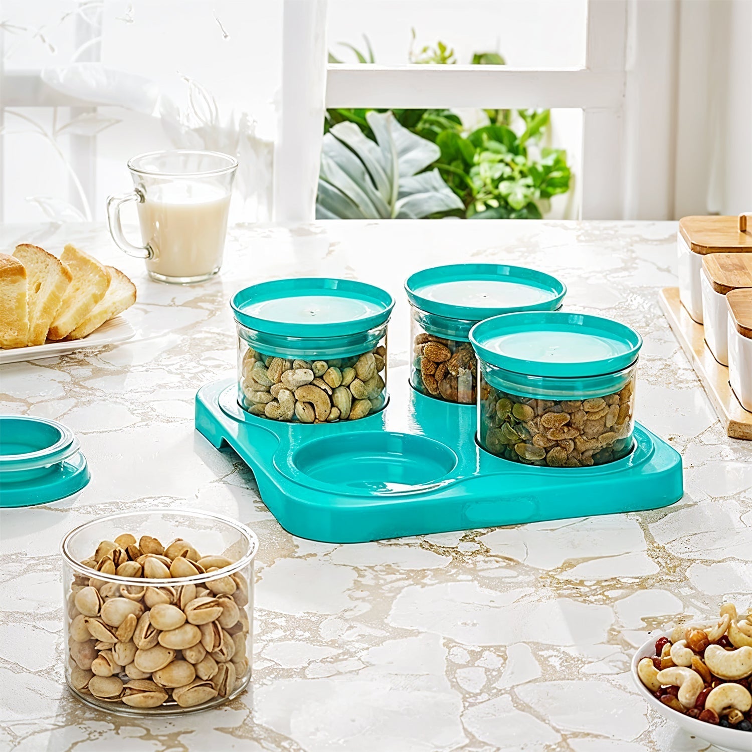 Airtight Container Jar 4 Pc Set With Stylish Tray for Kitchen Unbreakable Jar Set for Multipurpose Storage ( Mukhwas Dani ) Your Brand