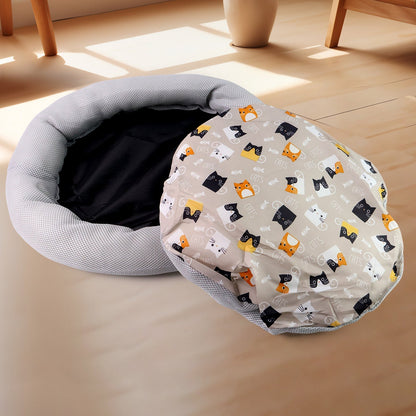 Round Soft Plush Cat Bed with Cartoon Cat Print Cushion  1 Pc Your Brand