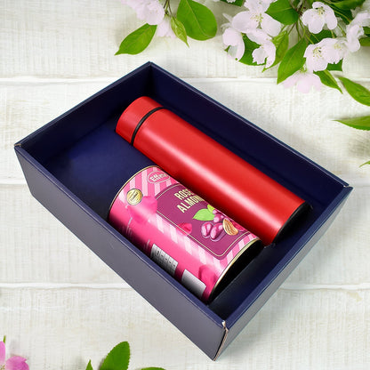 Personalized Temperature Water Bottle & Rose Almond Chocolate (With Attractive Peacock Box / 2 Pc Set / Mix Color Bottle) Your Brand