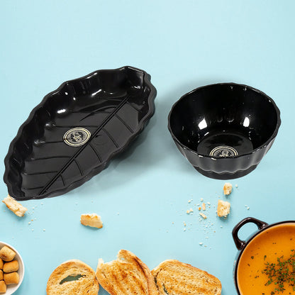 Ertiga Round Ceramic Bowl With Plastic leaf shape Serving platter Portable, Lightweight Breakfast, Serving Bowl | Highly Durable Material | Ideal for Rice, Pasta, Desserts Home & Kitchen Serving Bowl & platter (4 Pcs set) Your Brand