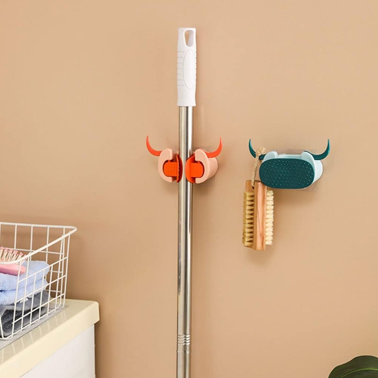 Multifunctional Cartoon Sticky Punch Free Mop Holder Wall Mounted Broom Organizer Cleaning Tools Holder Hanger, Self Adhesive Cute Cow Head Suction Cup Hanging Hook for Bathroom Kitchen (1 Pc) Your Brand