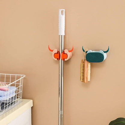 Multifunctional Cartoon Sticky Punch Free Mop Holder Wall Mounted Broom Organizer Cleaning Tools Holder Hanger, Self Adhesive Cute Cow Head Suction Cup Hanging Hook for Bathroom Kitchen (1 Pc) Your Brand
