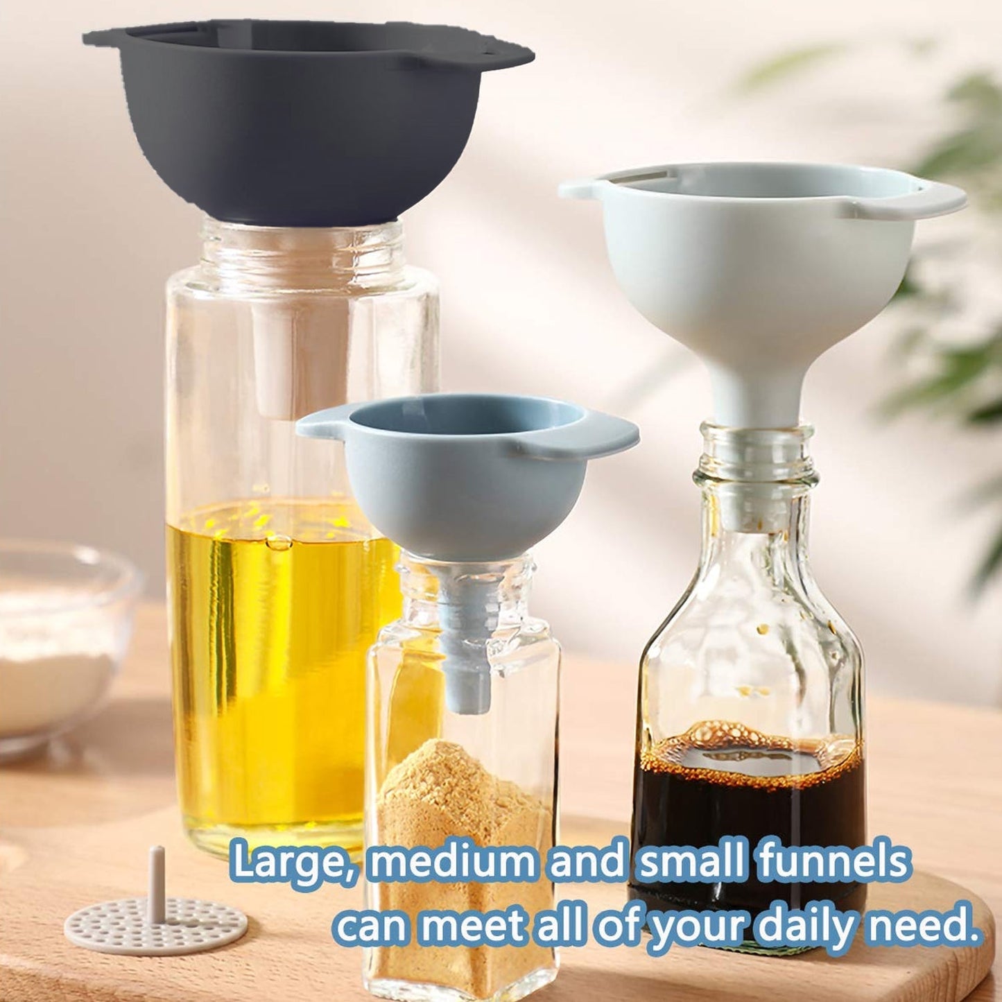 3 in 1 Kitchen Funnel Set of 3, Funnel for Filling Bottle, Small Canning Funnel with Handle, Food Grade Plastic Funnel with Detachable Strainer Filter for Liquid, Dry Ingredients, and Powder Your Brand