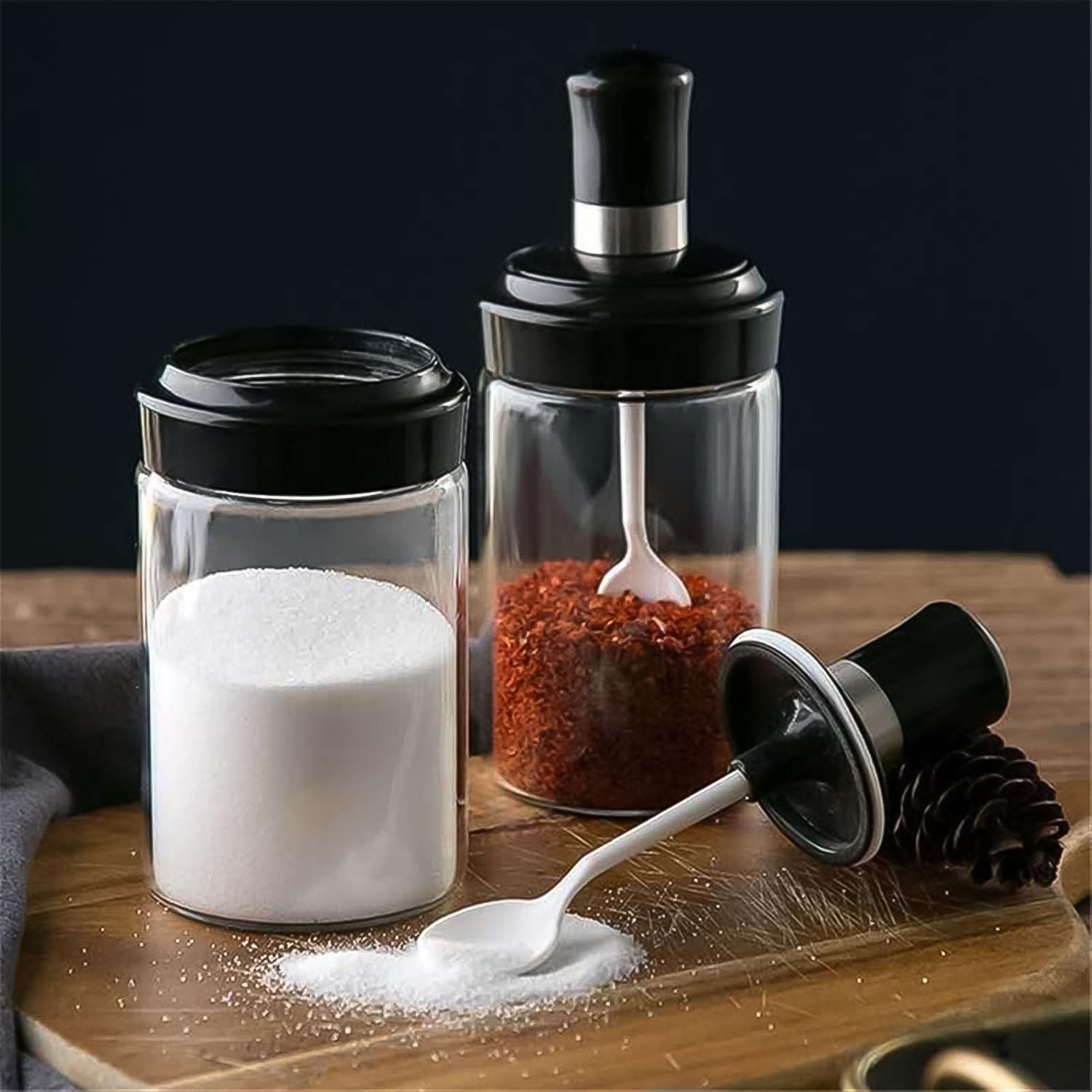 Clear Glass Spice Jar with Integrated Spoon & Airtight Lid (250ml Approx) Your Brand
