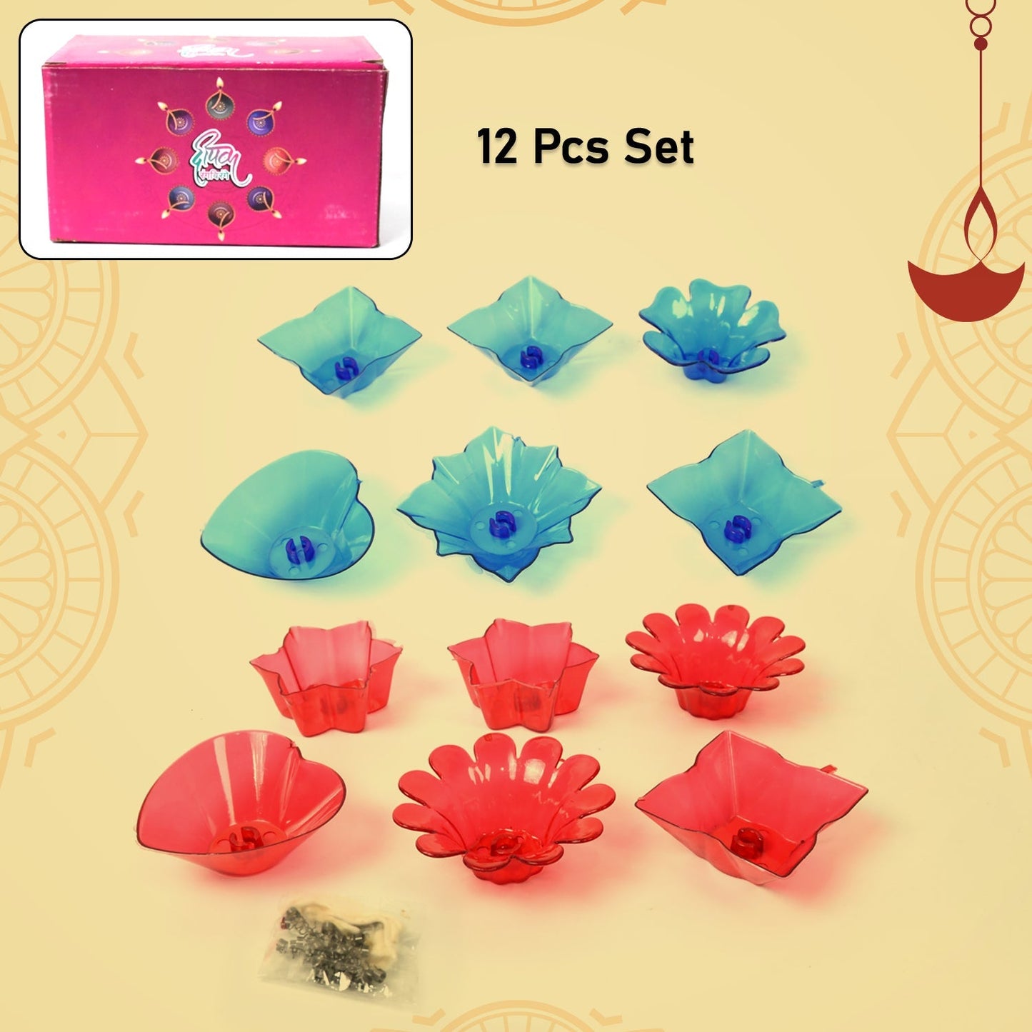 Reflection Diya Combo Plastic Candle Cup with Multi Shape, Diwali (12 Pcs Set) Your Brand