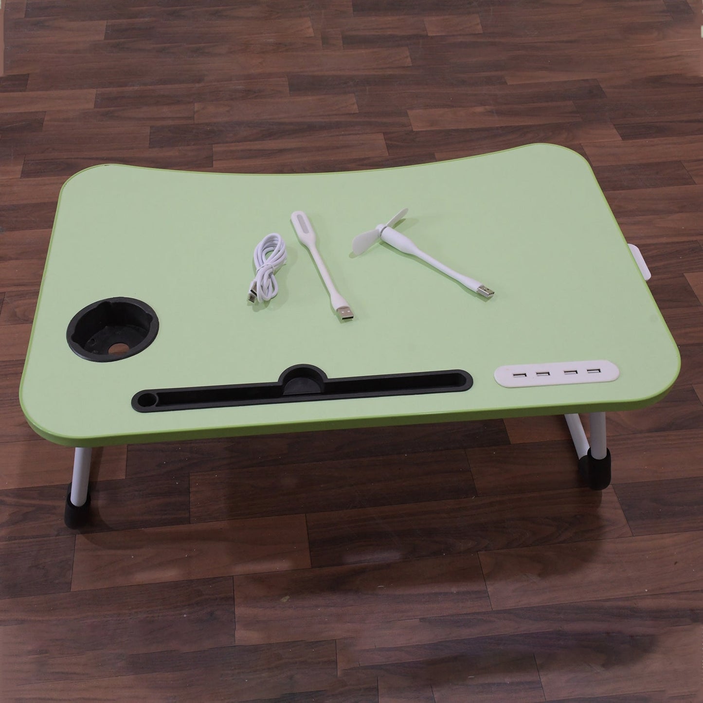 MultiPurpose Study Table Foldable Portable Notebook Bed Lap Desk Tray Stand Reading Holder with Coffee Cup Slot, Drawer, Fan, USB Cable & Light for Breakfast, Reading & Movie Watching (1 Pc Mix Color) Your Brand