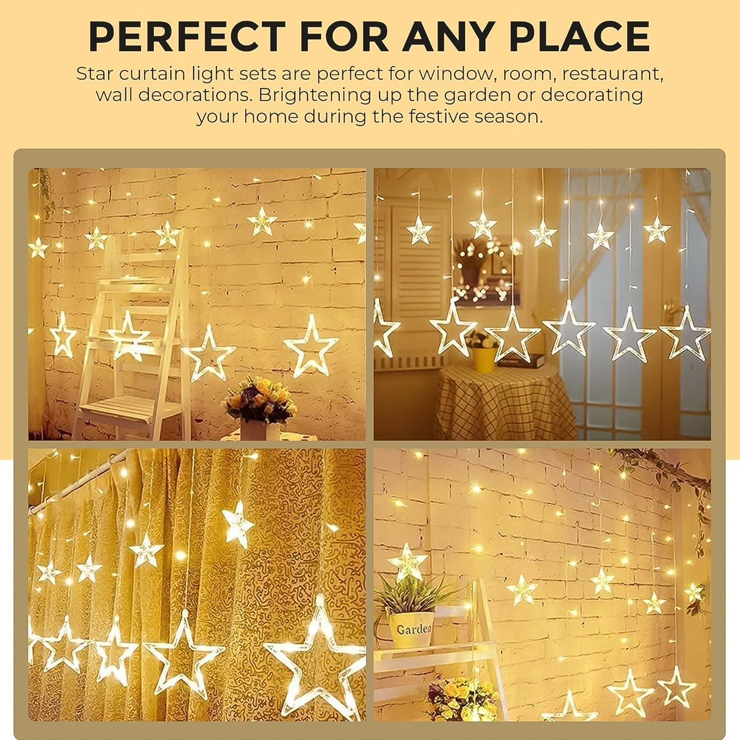12 Stars LED Curtain String Lights with 8 Flashing Modes for Home Decoration, Diwali & Wedding LED Christmas Light Indoor and Outdoor Light ,Festival Decoration  (Warm White / With Box) Your Brand