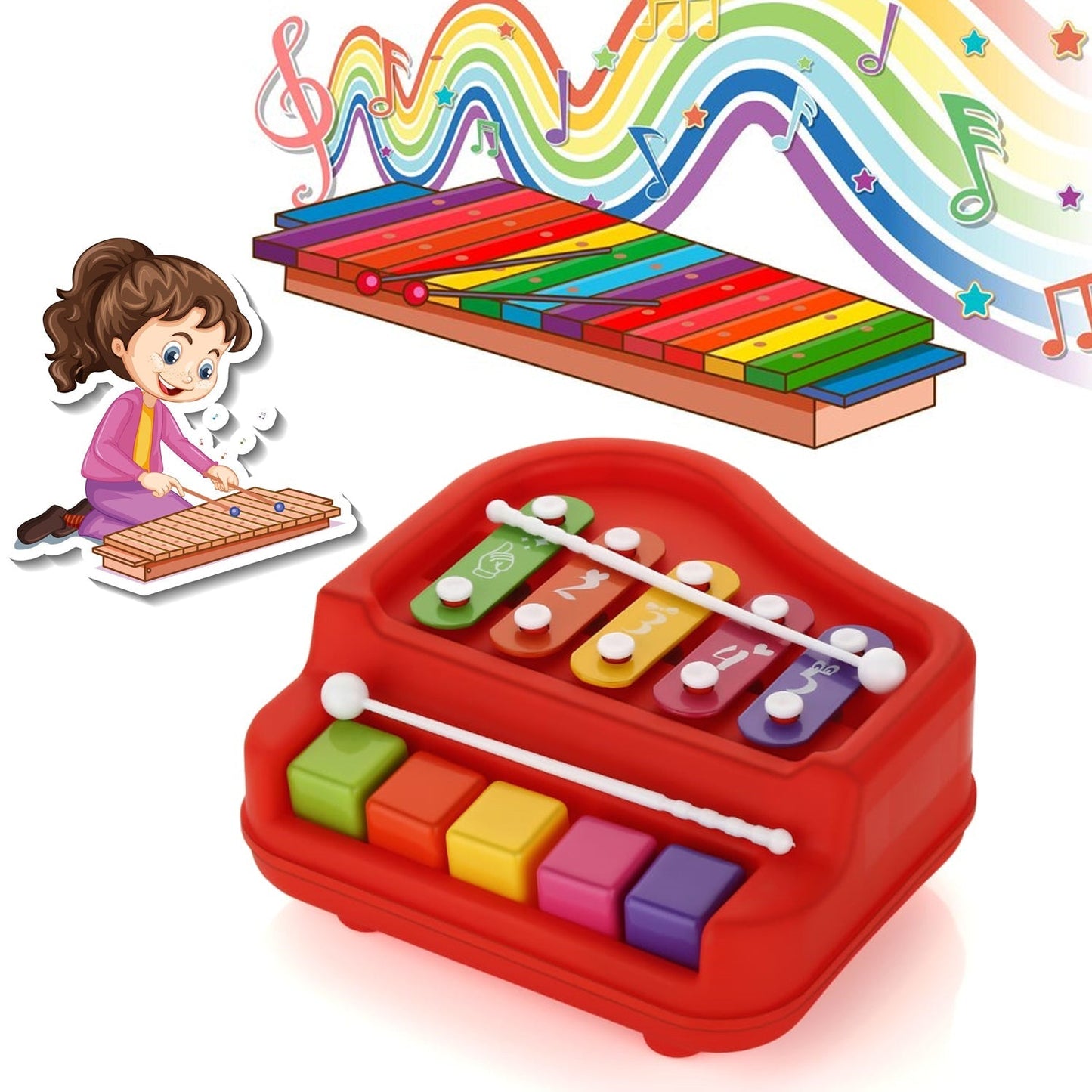 2 in 1 Baby Piano Xylophone Toy for Toddlers, 5 Multicolored Key Keyboard Xylophone Piano, Preschool Educational Musical Learning Instruments Toy for Baby Kids Girls Boys 3+ Years (1 Pc) Your Brand