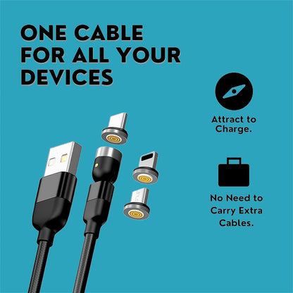 3 in 1 Magnetic USB Charging Cable | USB-c Android and Lightning with Extra Protecting Nylon| Strong Magnetic Cable with Full Rotation Support Fast Charging Your Brand