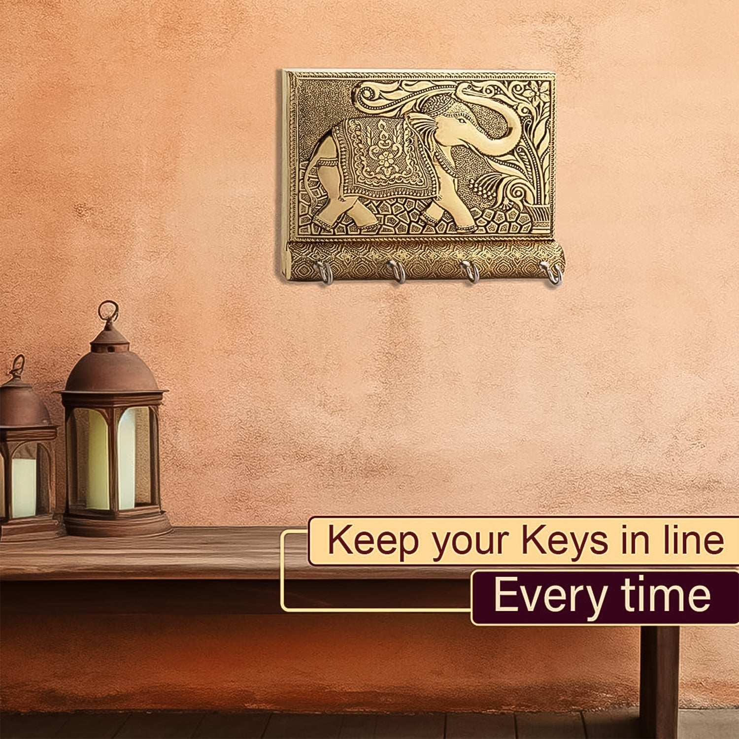 Wooden Key Holder for Home Decor Stylish Metal Gold Antique Elephant Design (1 Pc) Your Brand
