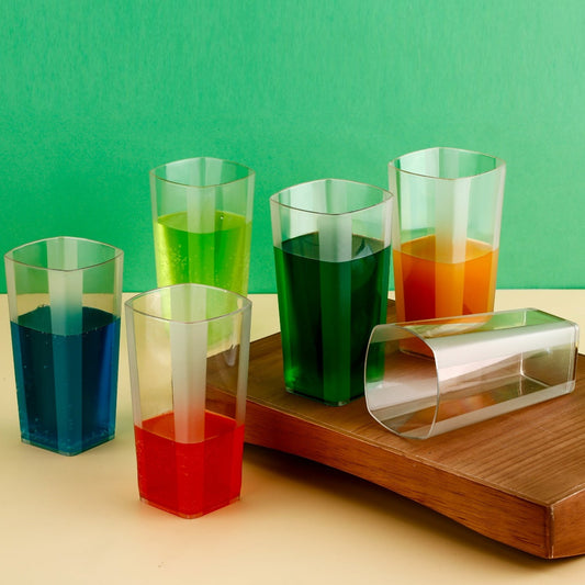 Unbreakable Stylish Transparent Square Design Water / Juice / Beer / Wine Tumbler Plastic Glass Set ( 300 ML, Pack of 6) Your Brand
