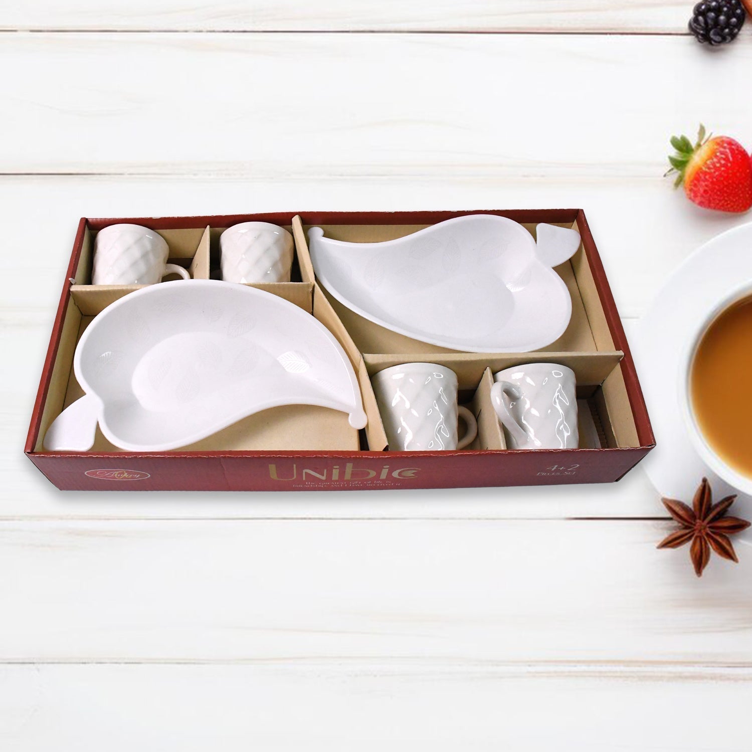 Unibic Ceramic Tea Cups With Plastic Leaf Shape tray / Platter (6 Pcs Set) Your Brand