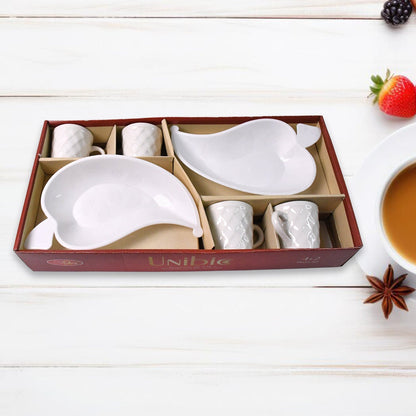 Unibic Ceramic Tea Cups With Plastic Leaf Shape tray / Platter (6 Pcs Set) Your Brand