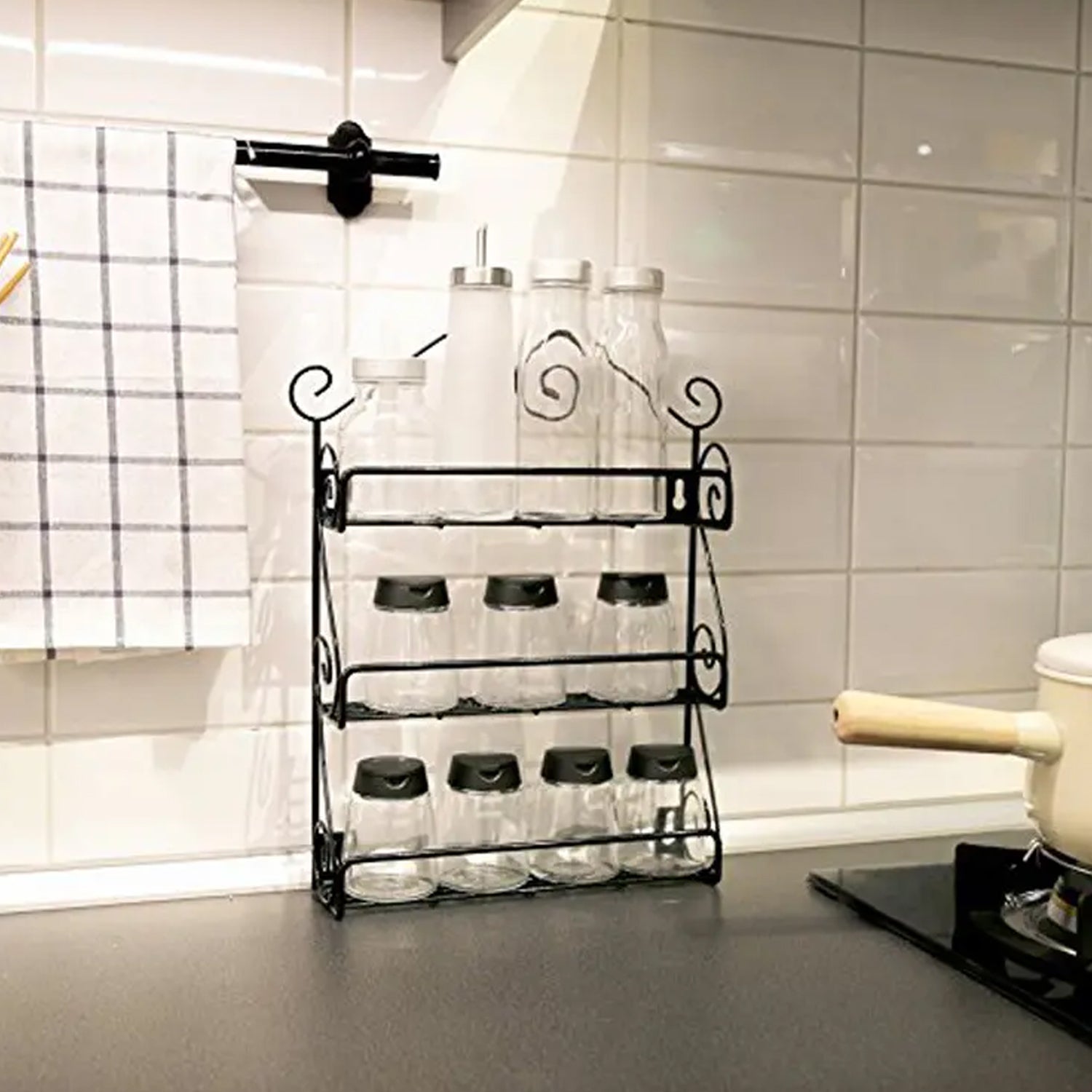 Big Wall Mounted Iron Wall Shelf with 3 Storage Racks for Kitchen, Pantry, Cabinet, Counter top or Free Standing, Rack Holder for Kitchen Your Brand