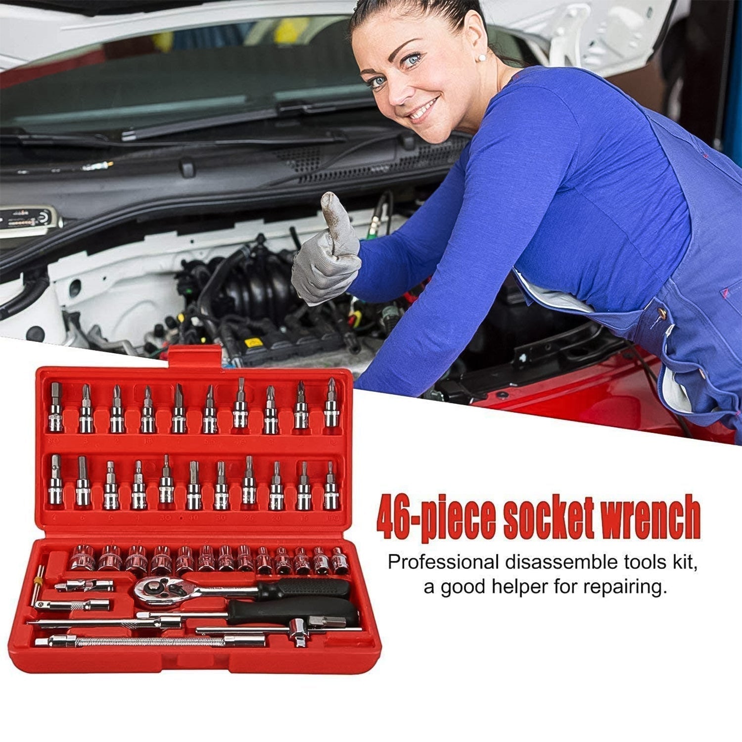 Socket 1 / 4 Inch Combination Repair Tool Kit (Red, 46 pcs) Your Brand