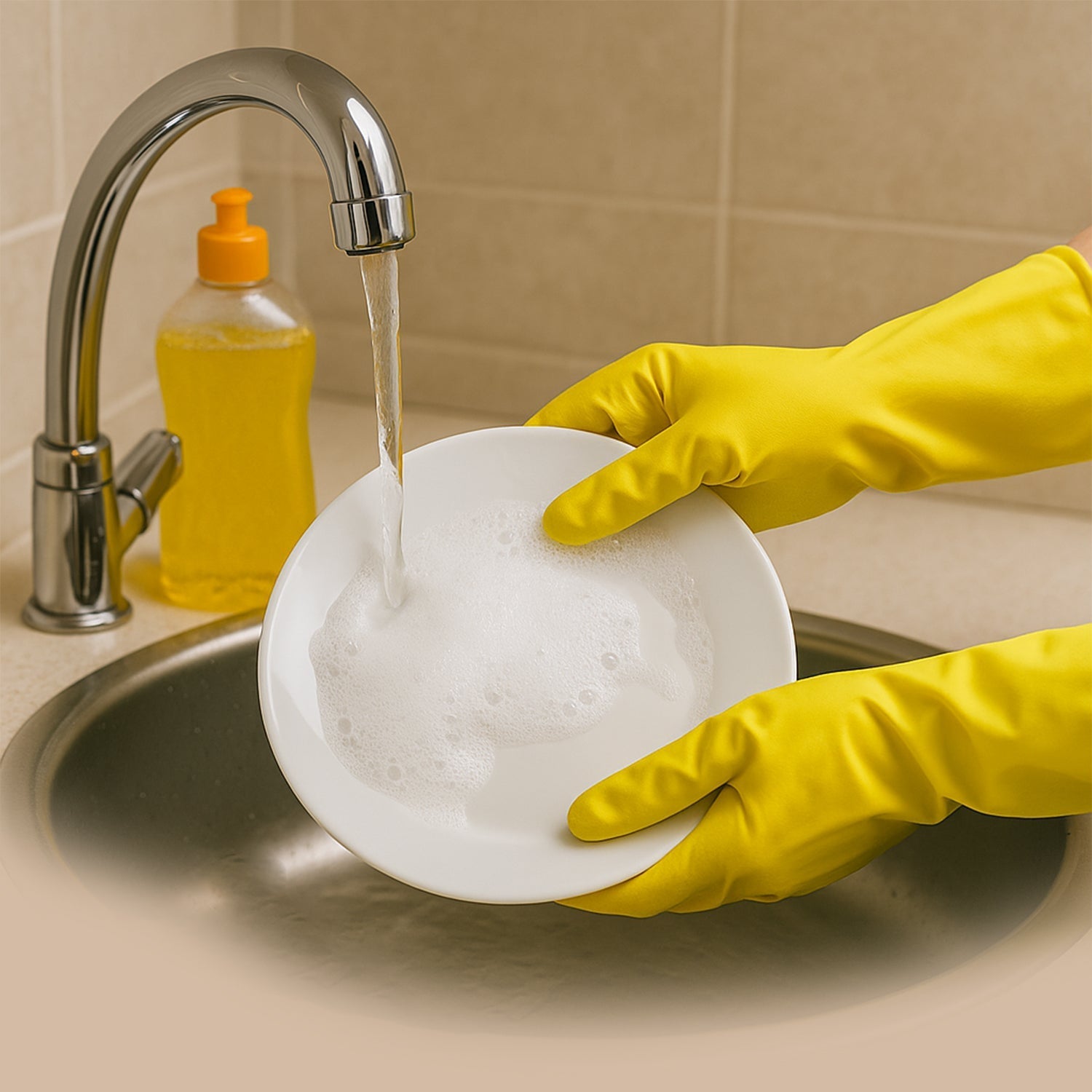2 pair med yellow gloves For Types Of Purposes Like Washing Utensils, Gardening And Cleaning Toilet Etc. Your Brand