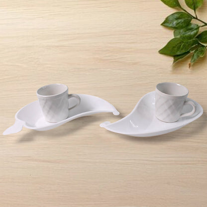 Unibic Ceramic Tea Cups With Plastic Leaf Shape tray / Platter (6 Pcs Set) Your Brand