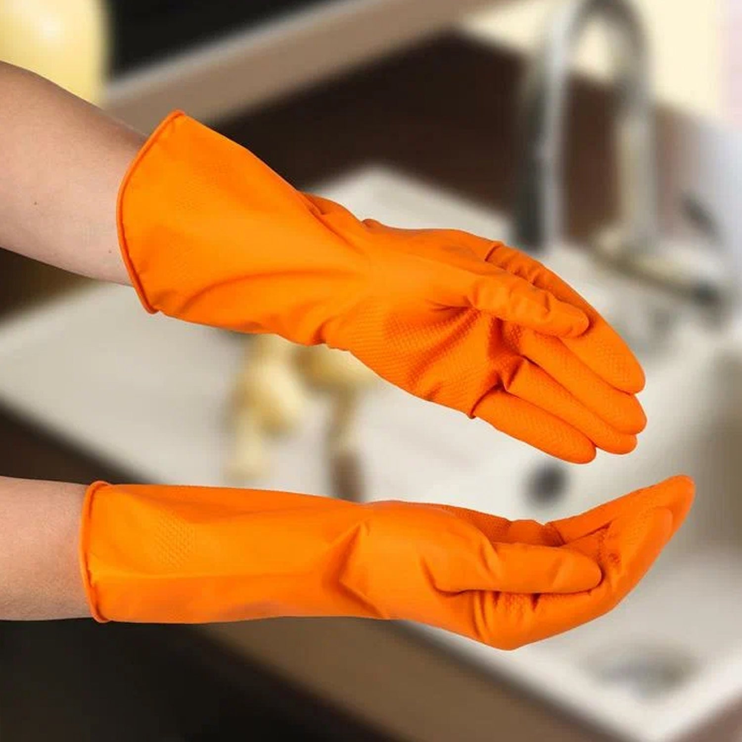 Multipurpose Rubber Reusable Cleaning Gloves, Reusable Rubber Hand Gloves I Latex Safety Gloves I for Washing I Cleaning Kitchen I Gardening I Sanitation I Wet and Dry Use Orange Gloves (1 Pair 40 Gm) Your Brand