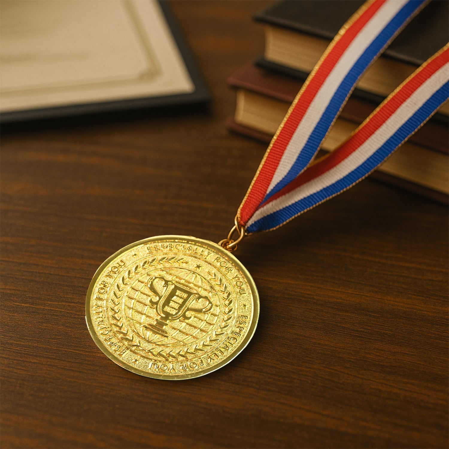 Gold Metal Medal with Tricolor Ribbon (1 Pc) Your Brand