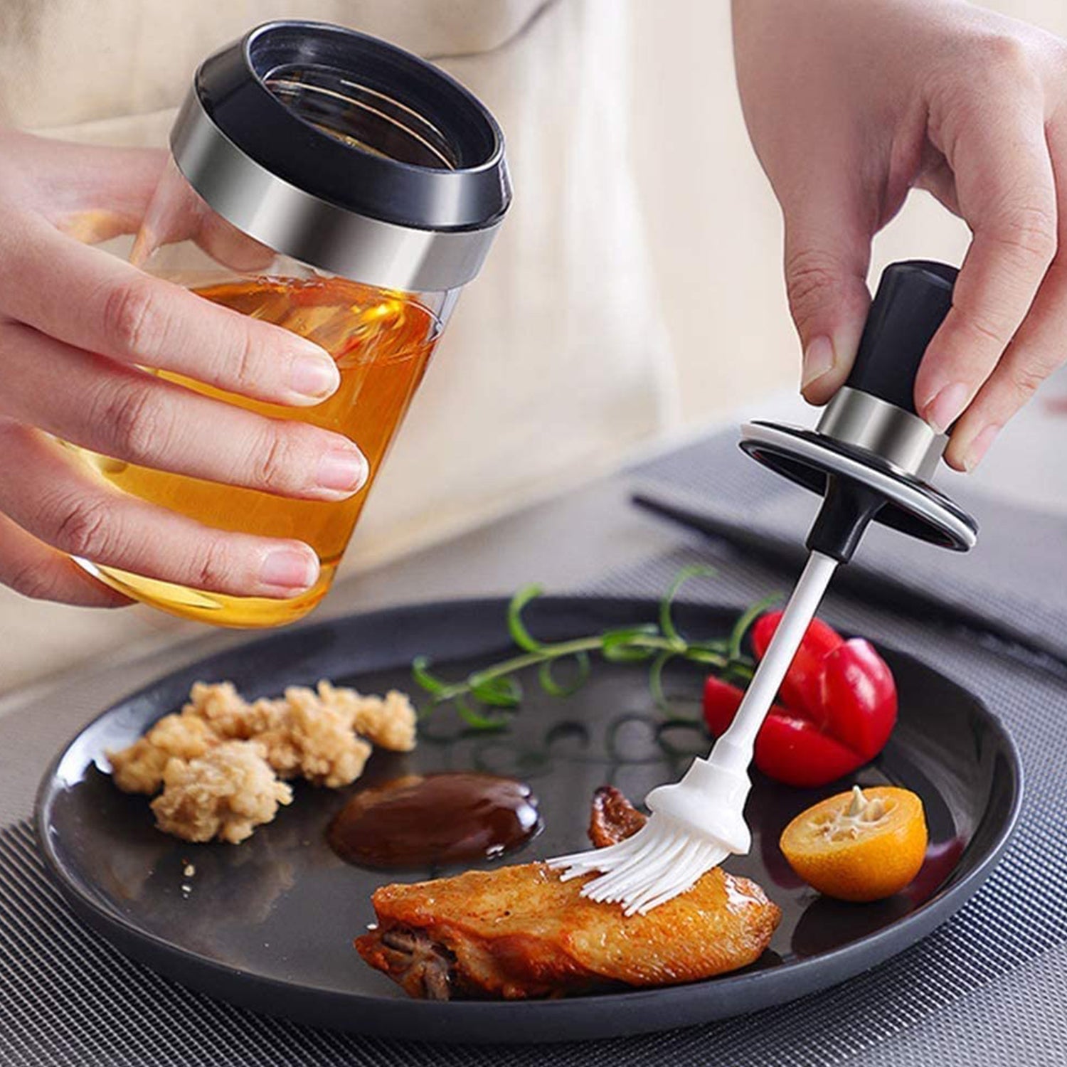 Clear Glass Oil Dispenser Bottle with Integrated Silicone Basting Brush (250ml Approx) Your Brand