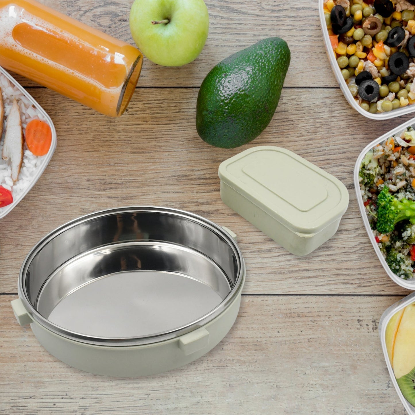 Miracle Stainless Steel Round Lunch Box, with Small Plastic Box Insert Leak Proof Lunch Box with Transparent lid, Lunch Box for Kids & Adults for School, Office (450 ML + 250 ML Approx) Your Brand