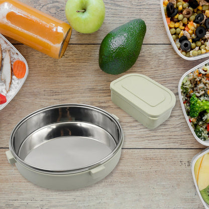 Miracle Stainless Steel Round Lunch Box, with Small Plastic Box Insert Leak Proof Lunch Box with Transparent lid, Lunch Box for Kids & Adults for School, Office (450 ML + 250 ML Approx) Your Brand