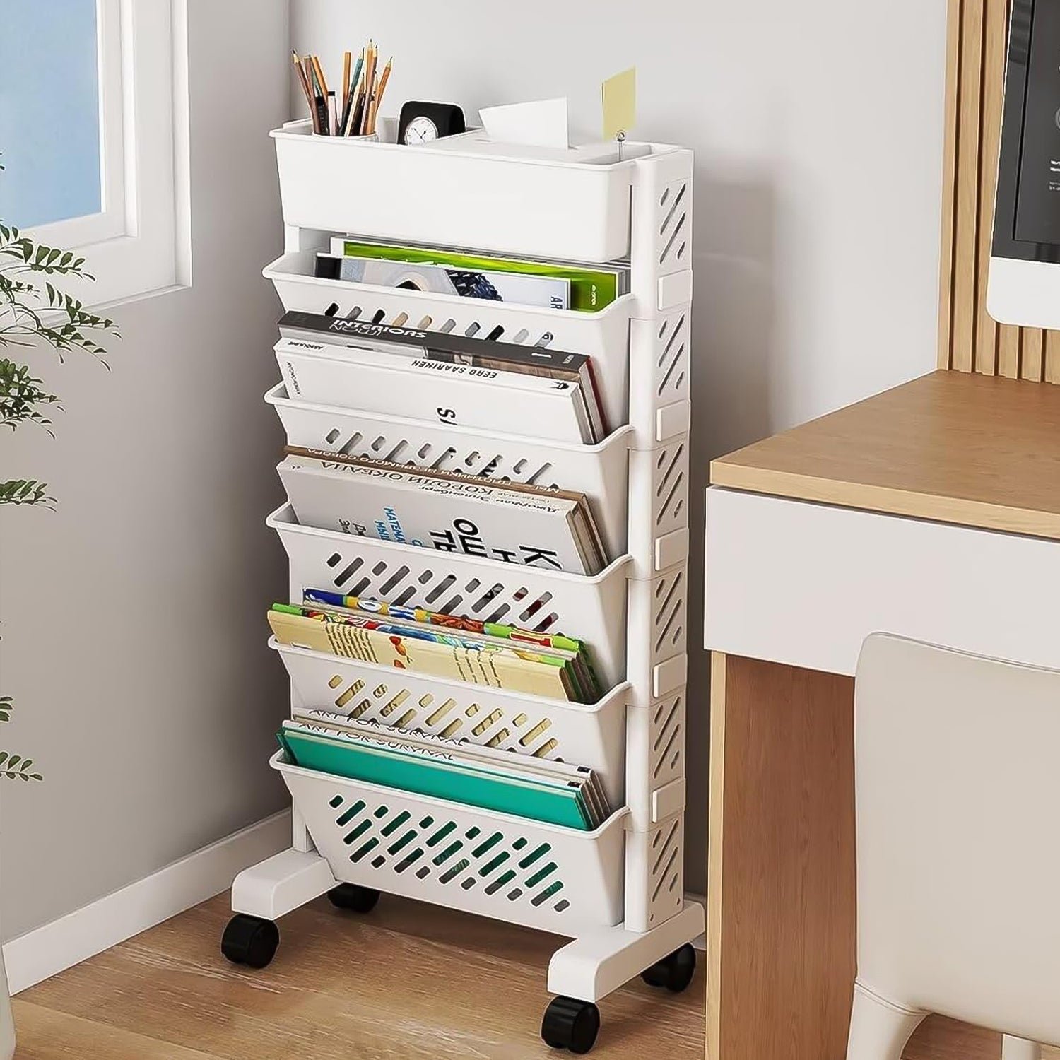 Movable Bookshelf, Large Capacity Rotatable Plastic Rolling Organization Shelf / Rack Your Brand