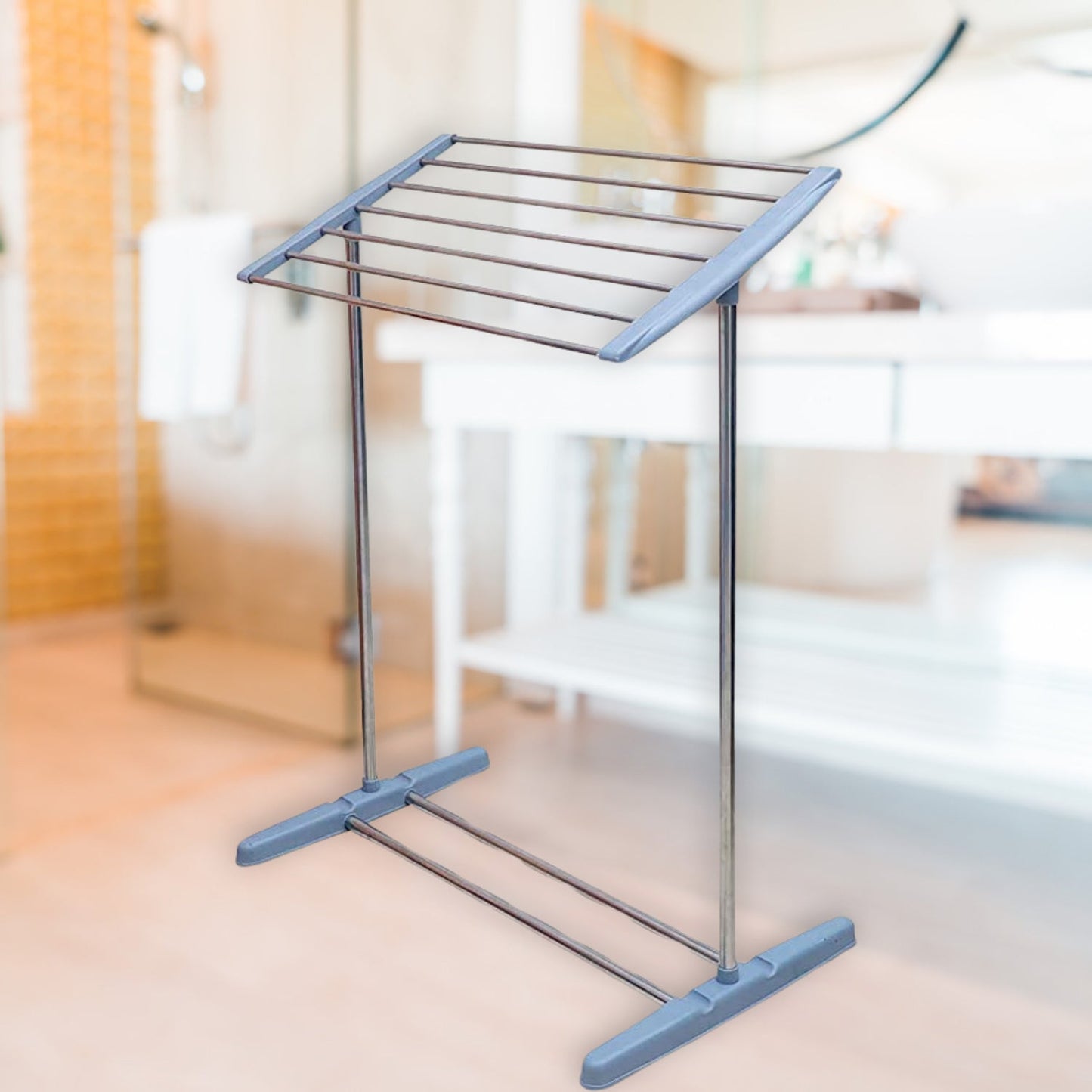 Multi-Functional Single Tier Mobile Towel Foldable Rack for Cloth and Towel / Stainless Steel and Plastic Made Mobile Towel and Cloth Rack Holder Indoor / Outdoor Standing Movable Cloth Dryer Rack, Balcony Cloth Drying Stand Your Brand