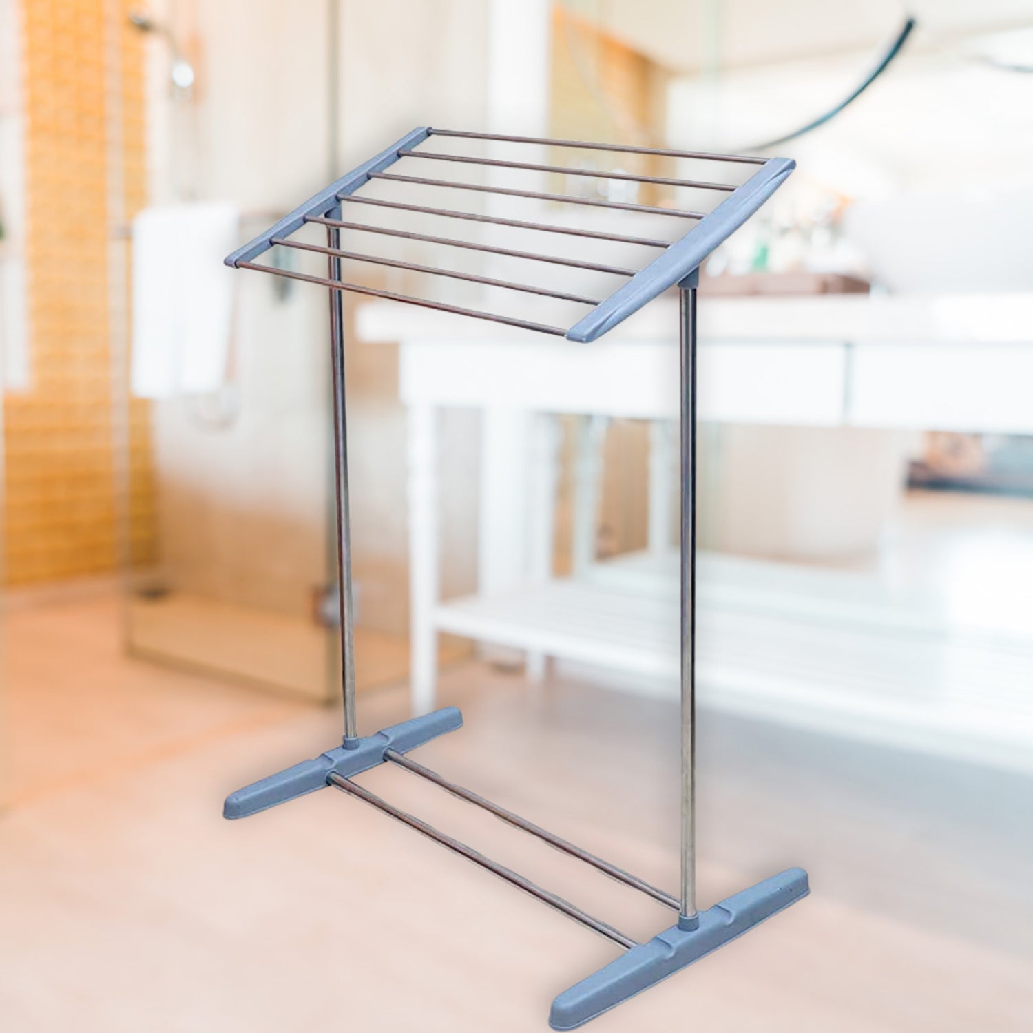 Multi-Functional Single Tier Mobile Towel Foldable Rack for Cloth and Towel / Stainless Steel and Plastic Made Mobile Towel and Cloth Rack Holder Indoor / Outdoor Standing Movable Cloth Dryer Rack, Balcony Cloth Drying Stand Your Brand