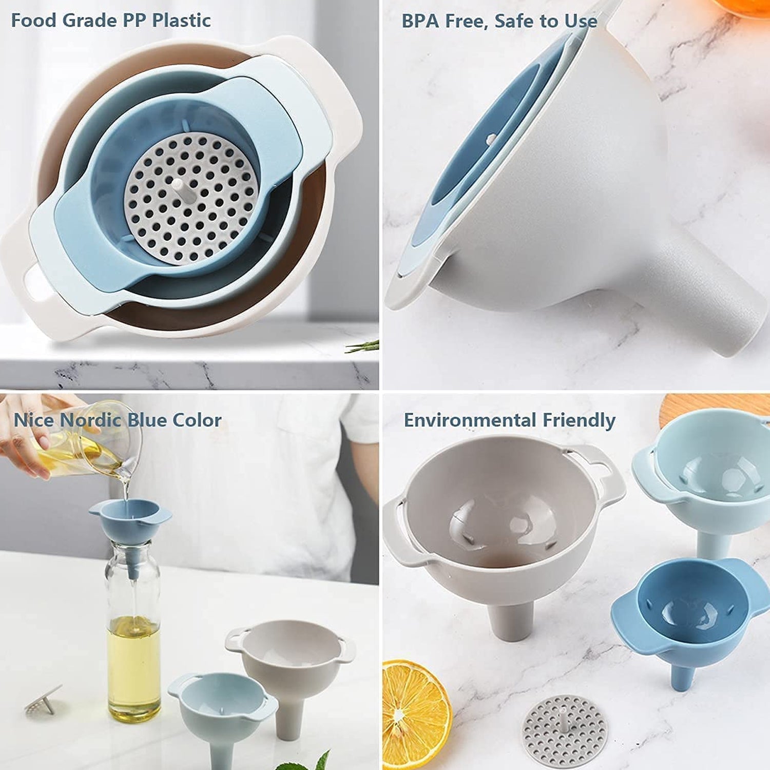 3 in 1 Kitchen Funnel Set of 3, Funnel for Filling Bottle, Small Canning Funnel with Handle, Food Grade Plastic Funnel with Detachable Strainer Filter for Liquid, Dry Ingredients, and Powder Your Brand