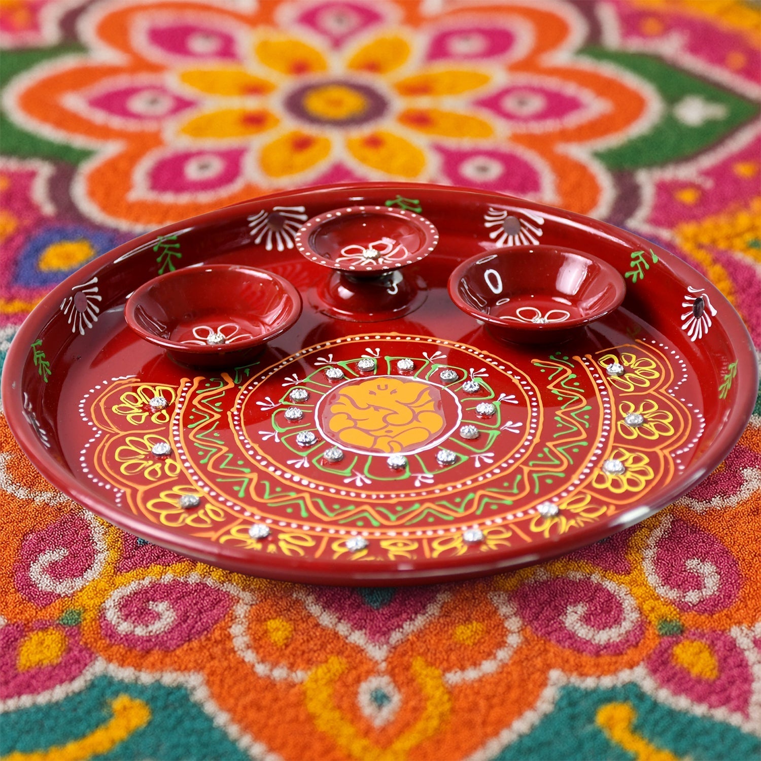 Hand-Painted Decorative Pooja Thali with Ganesha Motif and Diyas Your Brand