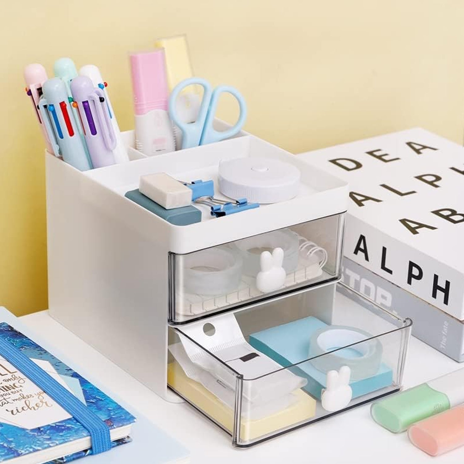 2 Layer 5 Compartment Desk Organizer with Transparent Drawer (1 Pc / 15×13×11 Cm) Your Brand