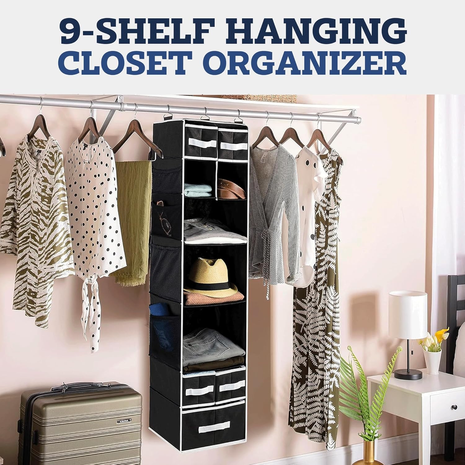 9 Shelf Hanging Closet Organizer with 5 Drawer Organizers Your Brand
