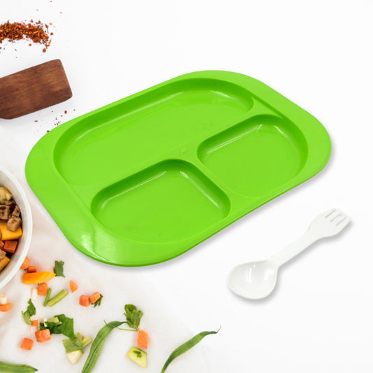Plastic Food Plates / Biodegradable 3 Compartment Square Plate With Spoon for Food Snacks / Nuts / Desserts Plates for Kids, Reusable Plates for Outdoor, Camping, BPA-free (1 Pc) Your Brand