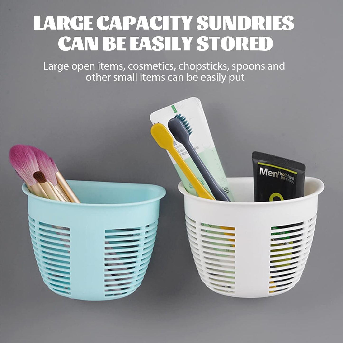 Hanging Plastic Storage Basket, Adhesive Wall Mounted Organizer Box Make Up Holder Shelf Bathroom Wall Basket Punch Free Drain Basket for Kitchen Bathroom, Wall Type Storage Basket (1 Pc) Your Brand