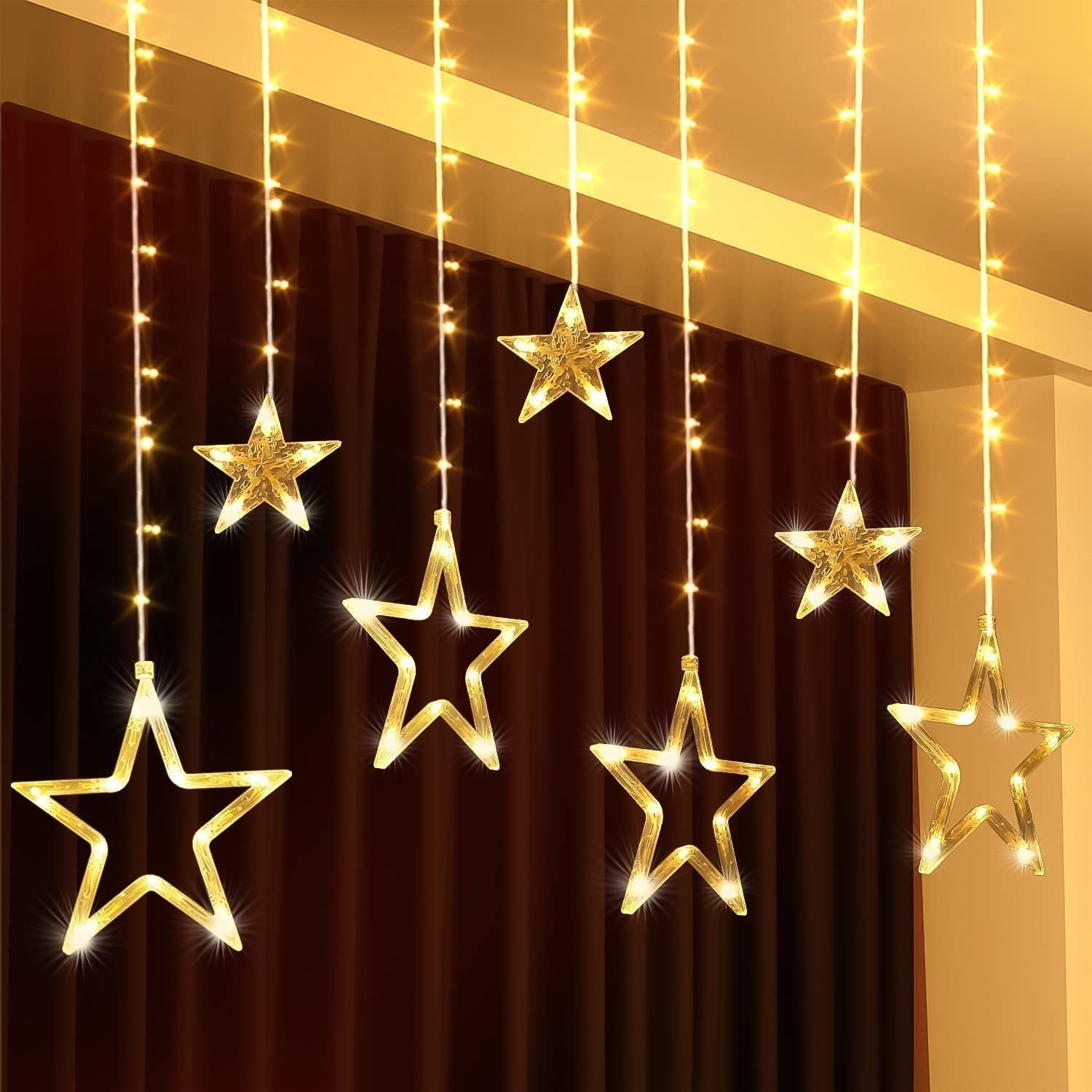 12 Stars LED Curtain String Lights with 8 Flashing Modes for Home Decoration, Diwali & Wedding LED Christmas Light Indoor and Outdoor Light ,Festival Decoration  (Warm White / With Box) Your Brand