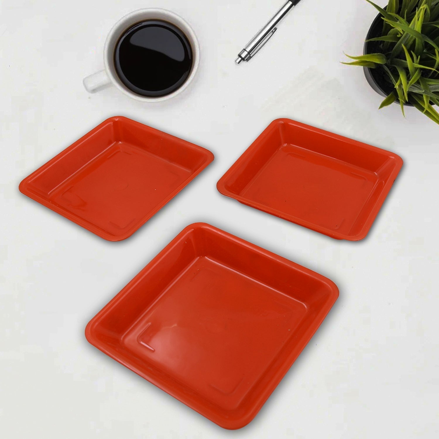 Square Plastic Halwa Dinner Plate Snacks / Breakfast, Restaurant Serving Trays Home School Coffee Hotel Kitchen Office (3 Pcs Set) Your Brand