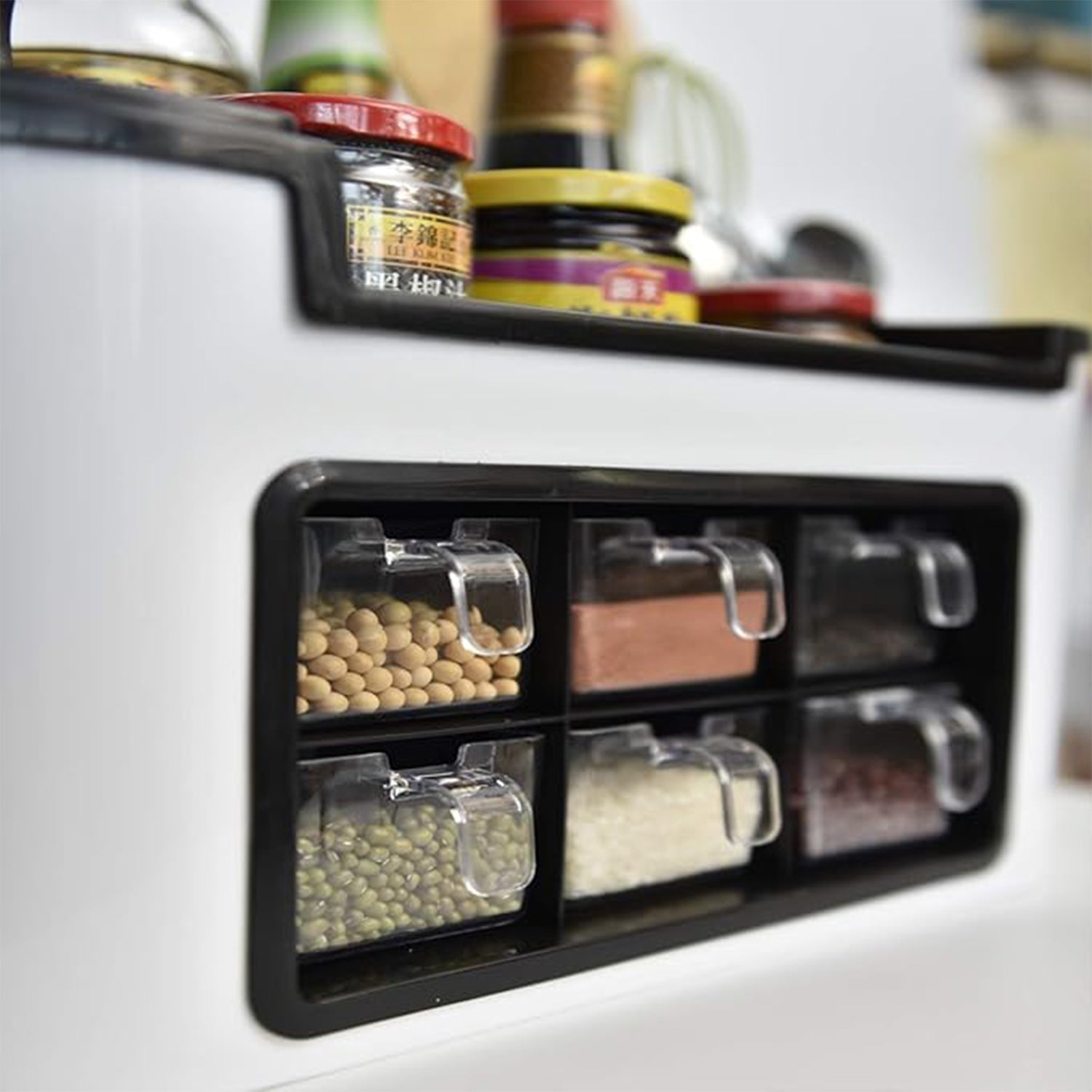Multifunctional Kitchen Storage Organizer Rack with 6 Spice Containers, Knife & Spoon Holder, and Top Shelf Your Brand