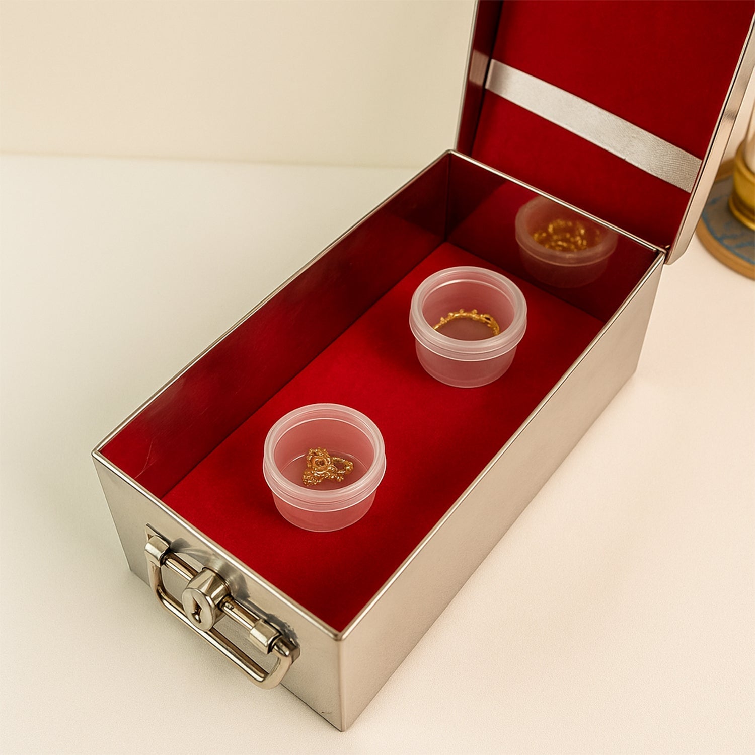 Premium Stainless Steel Velvet Lined Jewellery Storage Box with Lock and Red Interior Your Brand