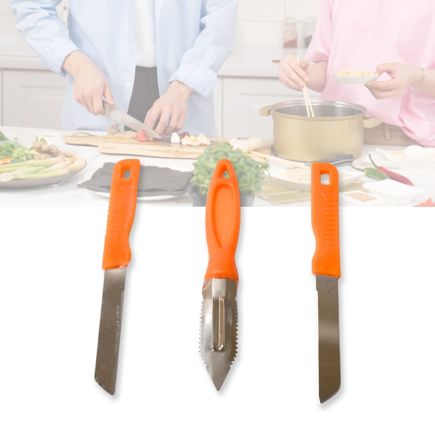 3in1 Multipurpose Stainless Steel Classic Kitchen Knife Set of 3 for Fruits and Vegetable Chopping / Cutting / Peeling, Kitchen Knife / Vegetable Peeler / Plain Knife Your Brand