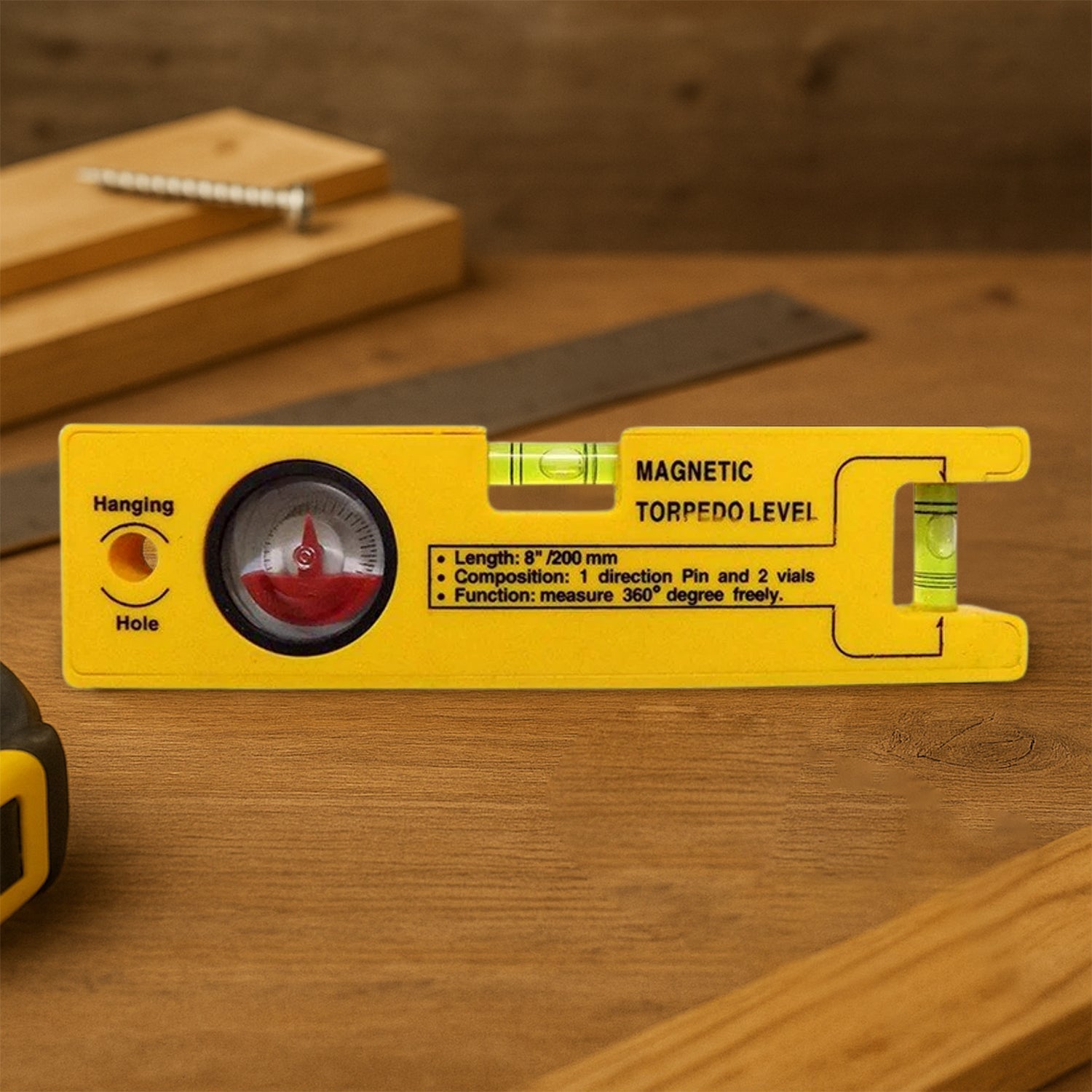 8-inch Magnetic Torpedo Level with 1 Direction Pin, 2 Vials and 360 Degree View Your Brand