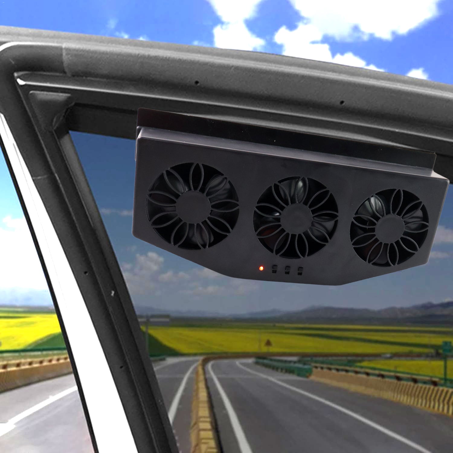 Triple Fan Solar Powered Car Exhaust Ventilation System with USB Charging Your Brand