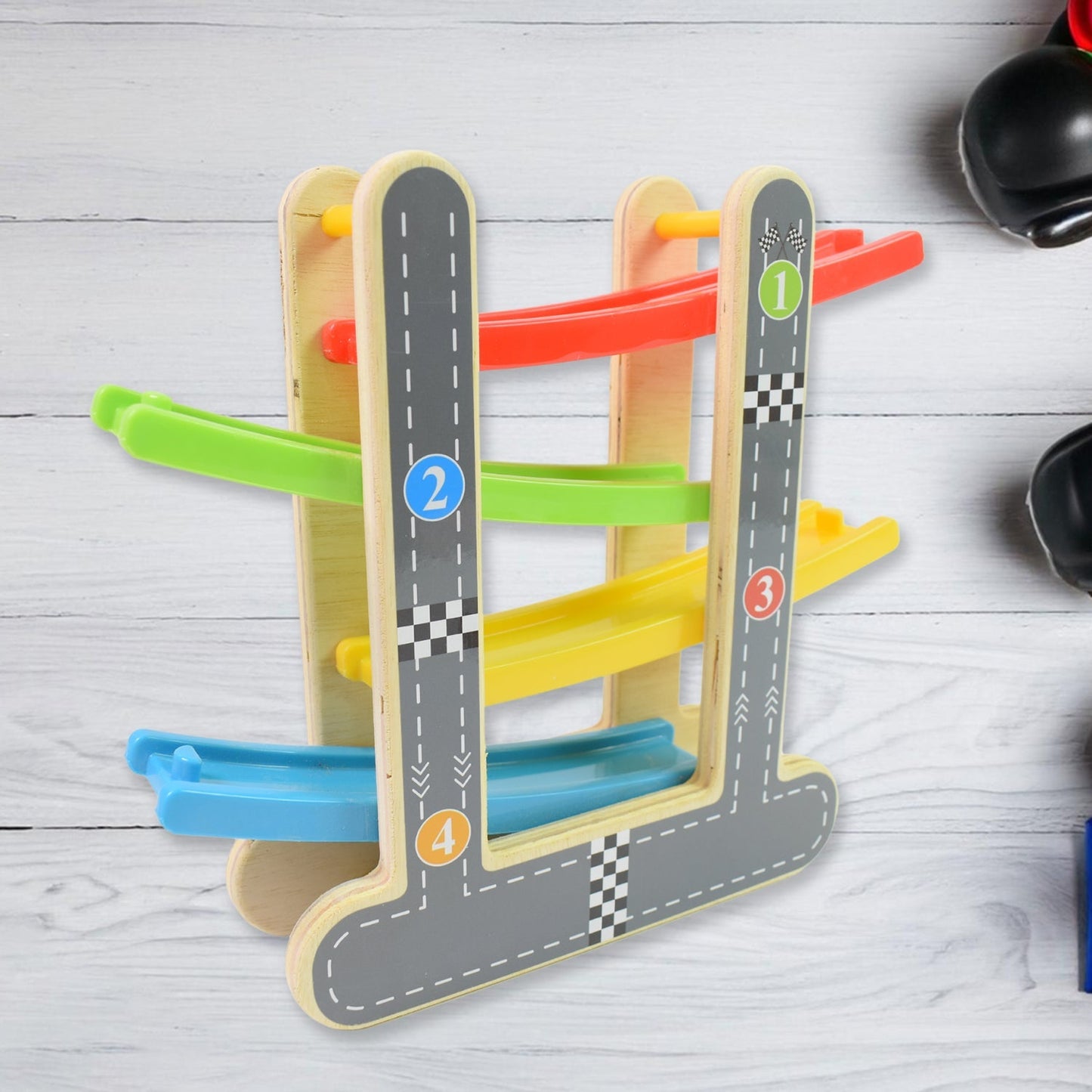 Car Racer Track Play set Wooden Click Clack Toys With 4 Mini Racers (1 Set) Your Brand