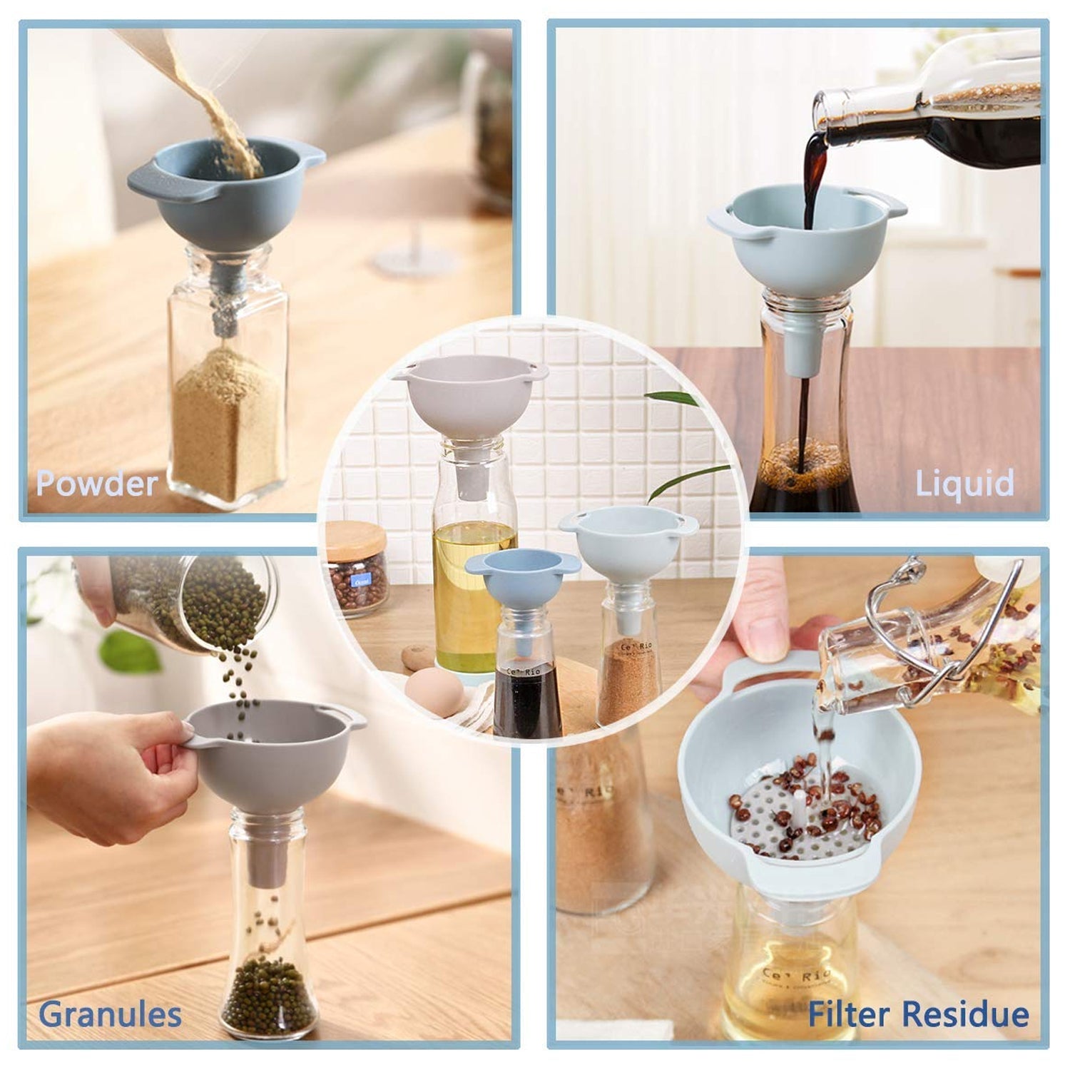 3 in 1 Kitchen Funnel Set of 3, Funnel for Filling Bottle, Small Canning Funnel with Handle, Food Grade Plastic Funnel with Detachable Strainer Filter for Liquid, Dry Ingredients, and Powder Your Brand